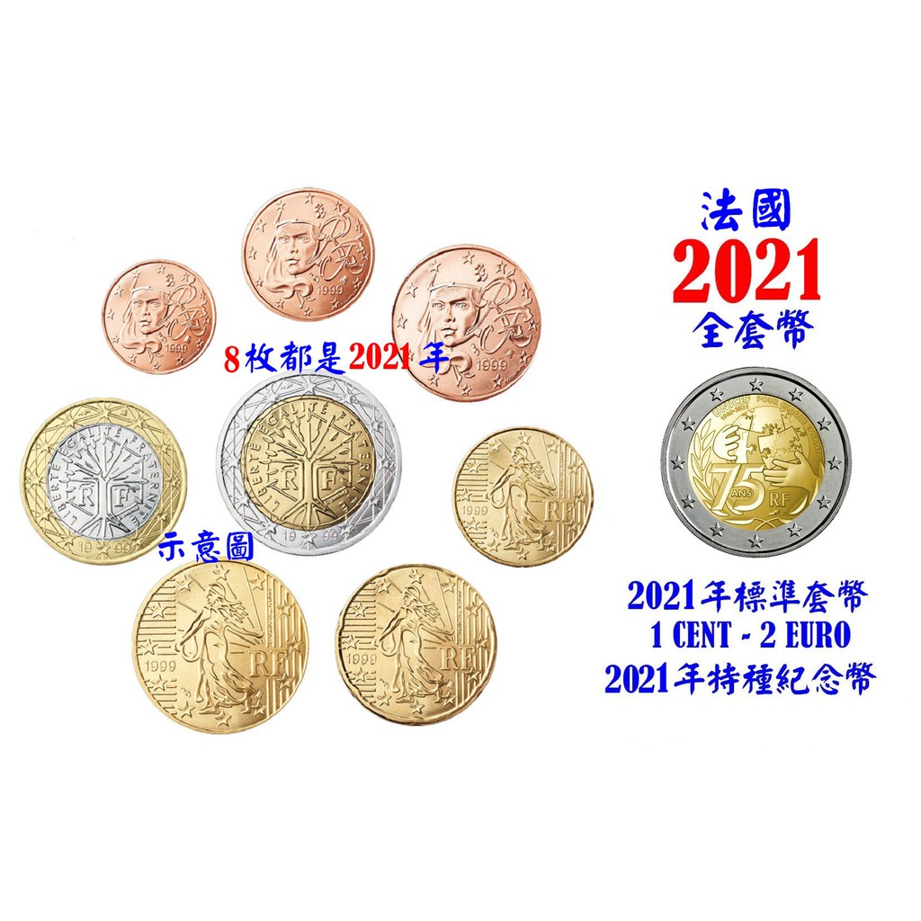 【幣】法國2021年全年組 1 cent ~ 2€全新8枚 + 特種紀念幣(聯合國兒童基金會75週年)