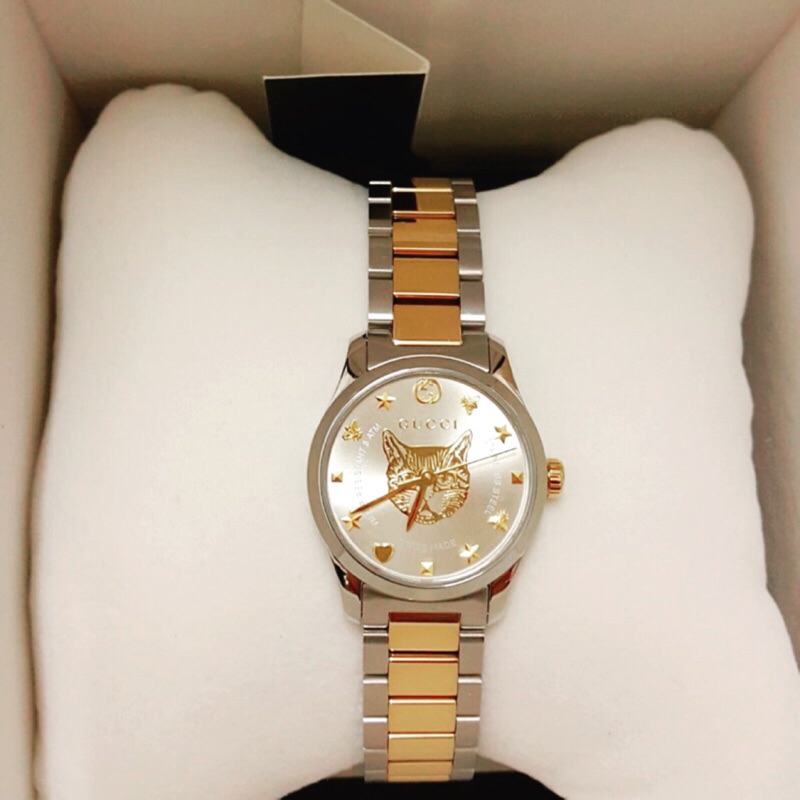 19最新款全新 Gucci古馳手錶 G Timeless貓咪刻紋不鏽鋼腕錶 金面27mm 蝦皮購物