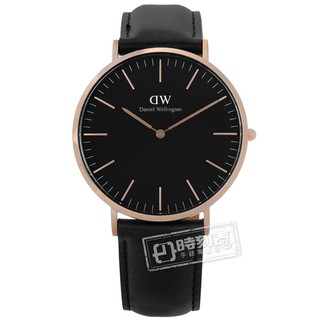 DW Daniel Wellington /DW00100127/Classic真皮手錶 黑x玫瑰金框40mm