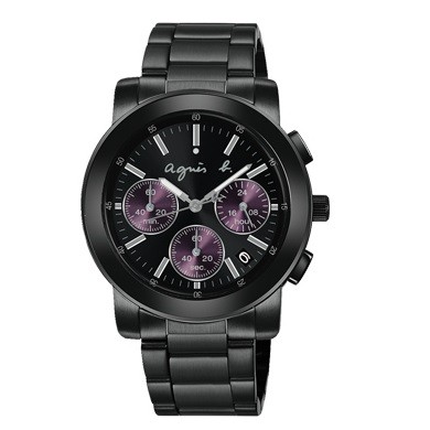 【agnes b.】全黑迷幻紫色三眼計時腕錶 39mm VD53-KP30P(BT3032X1)