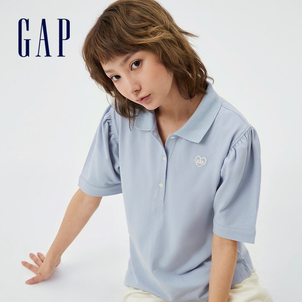 Gap 女裝 Logo泡泡袖修身短袖POLO衫-冰藍(850764)