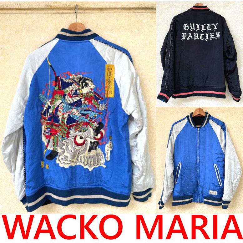 BLACK美中古WACKO MARIA x芳年Yoshitoshi浮世繪刺繡-源義經和漢豪気揃橫須賀雙面緞面夾克棒球外套