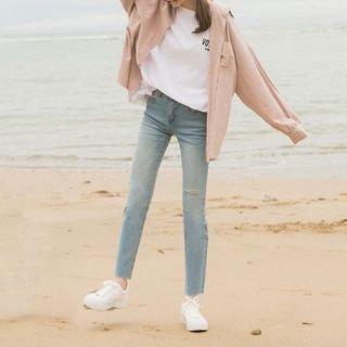 轉賣 JoYcE ShOp．美型割破牛仔窄管褲．藍．30