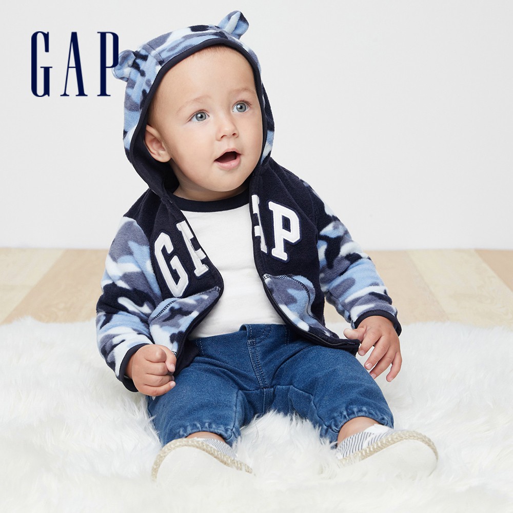 Gap 嬰兒裝 Logo小動物印花刷毛連帽外套-藍色迷彩(348443)