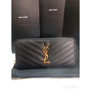 過年限時折扣 /YSL MONOGRAM系列V字縫線魚子醬牛皮歐美法國原地家人代購經典黑色金字金屬LOGO拉鍊皮夾長夾