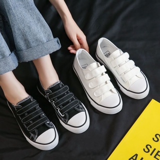 【黑白色】台灣出貨！黑白色魔鬼氈帆布鞋 簡約單色學生鞋 餅乾鞋 小白鞋