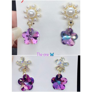The one [ 現貨。親拍 ］090727 925銀針。珍珠長鋯垂墜梅花紫水晶寶石耳環 施華洛 折射多彩 閃耀多切面