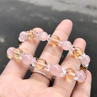『金喜晶』天然粉晶+黃水晶手鍊 6~8mm 圓珠 招桃花 人際關係 招財 意外之財 氣質款式 女生手鍊 禮物 附禮盒