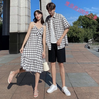 【COUPLE】黑混白巧系列 ins❗❗情侶裝收腰法式格子吊帶連衣裙