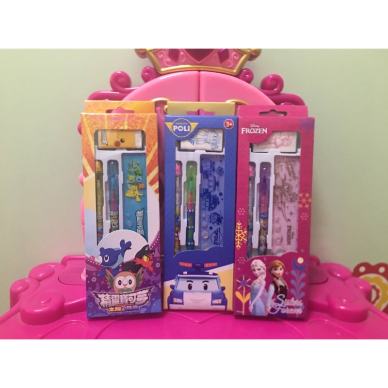 迪士尼 Hello Kitty 冰雪奇緣 波力 粉紅豬小妹 寶可夢 橡皮擦+免削鉛筆+彩虹筆+尺 文具組