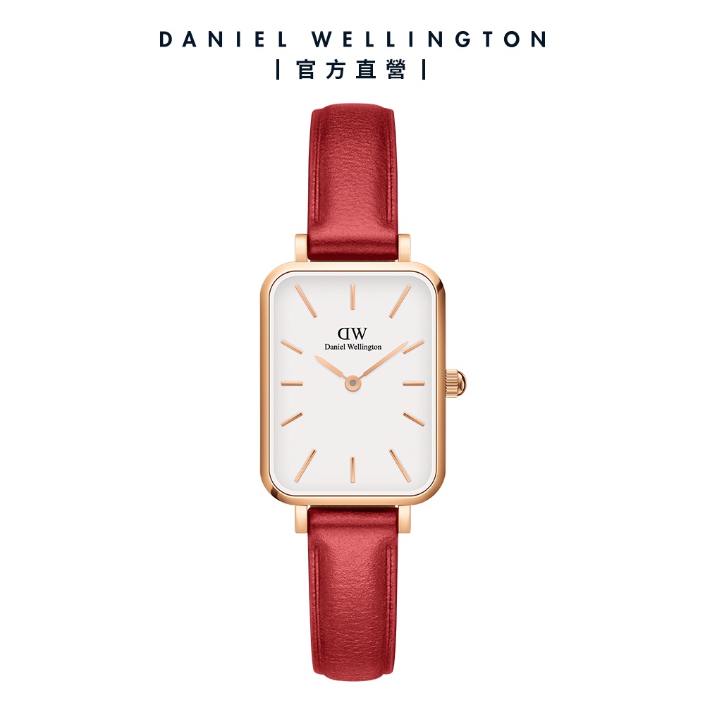 【Daniel Wellington】DW 手錶 Quadro Suffolk 楓葉紅真皮皮革方錶-白錶盤-玫瑰金框