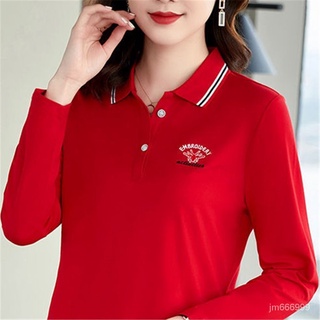 ✨✨純棉T恤上衣女長袖新款翻領polo衫中老年 休閒女士打底衫