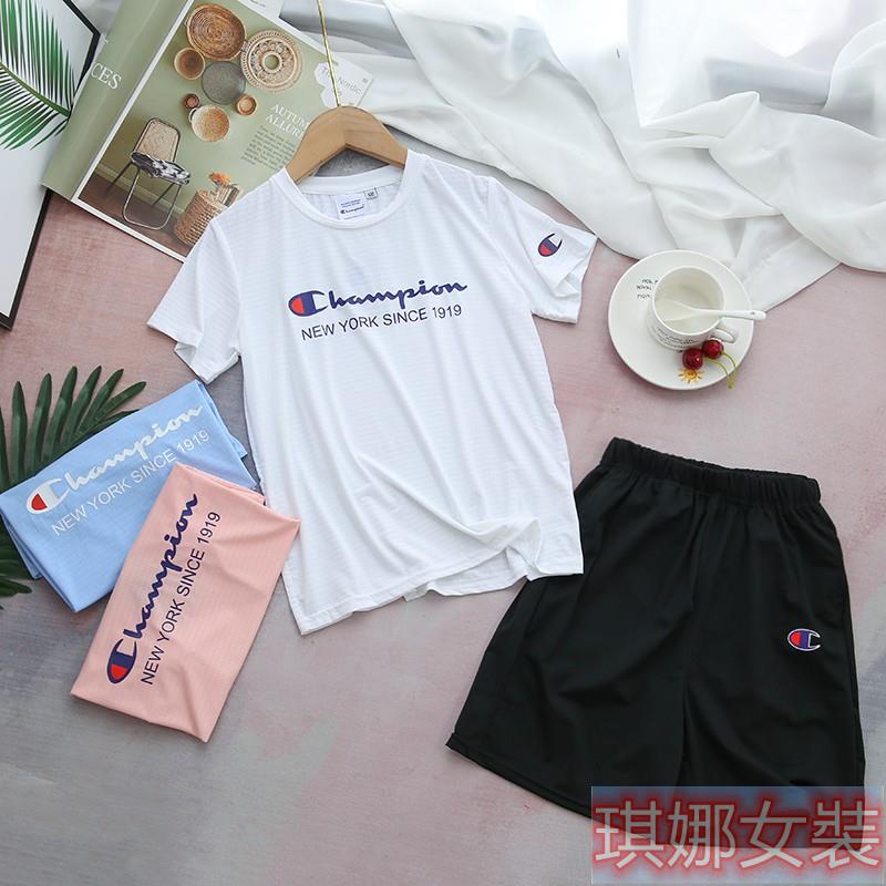 Champion冠軍中大童速乾套裝男童女童經典刺繡印花logo休閒運動套裝輕薄柔軟短袖短褲兩件套＆琪娜