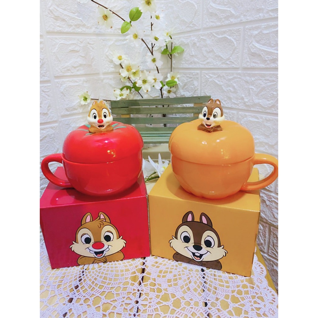 日本 迪士尼 奇奇&amp;蒂蒂 南瓜&amp;番茄造型陶瓷湯杯