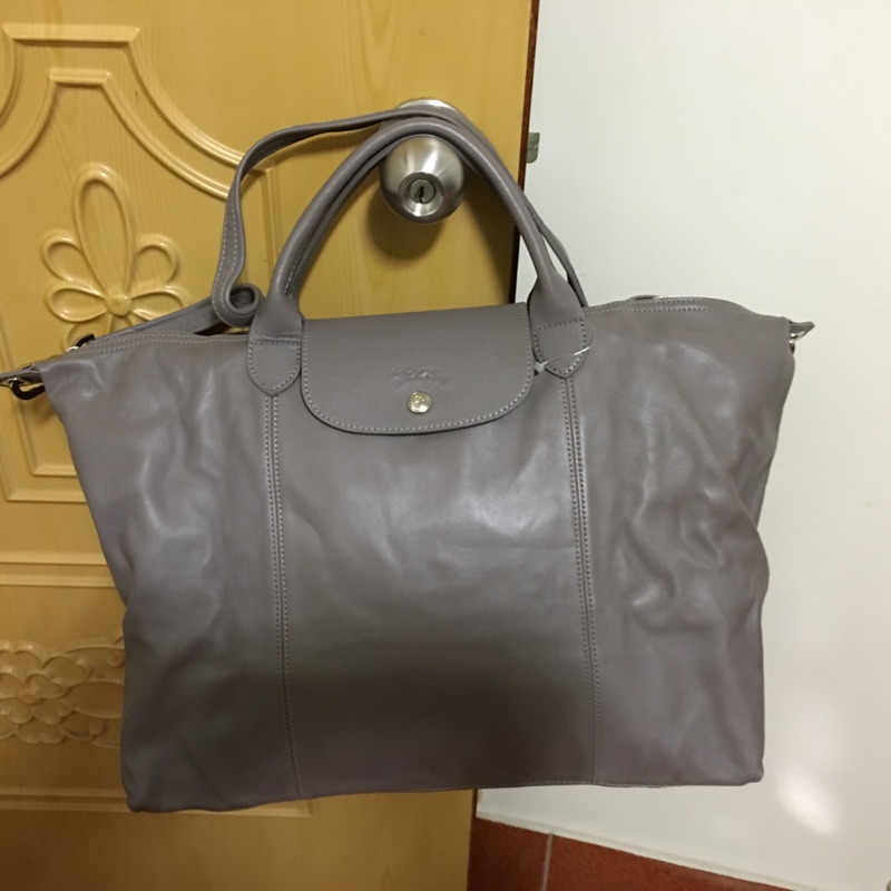 100% LONGCHAMP 長柄 正品 Le Pliage Cuir 小羊皮折疊系列 灰 L號