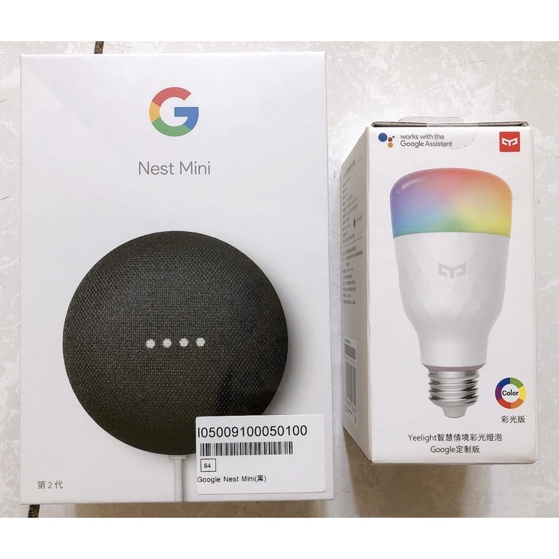 Google Nest mini 2 智慧音箱 (未拆黑色)Yeelight 智慧情境彩光燈泡