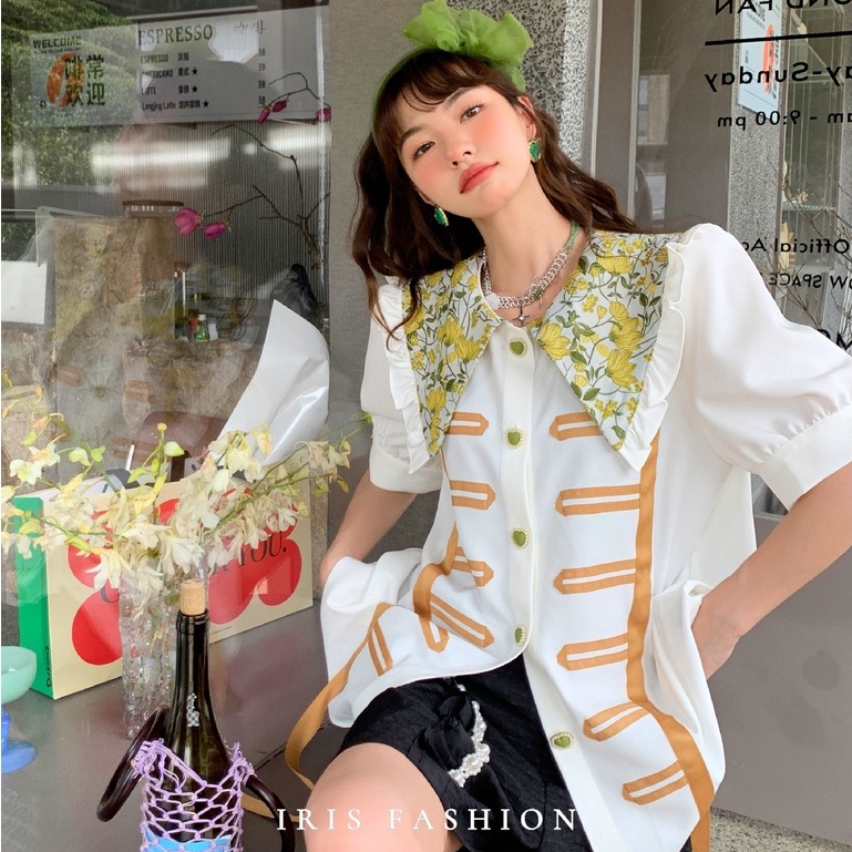 IRIS BOUTIQUE-泰國原創設計IS2022H265刺繡盤口花邊領襯衫上衣女士夏正品保證