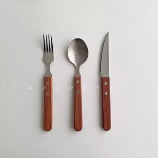 日式木柄刀叉湯匙餐具組/原木柄牛排刀/餐叉/湯匙