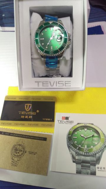 TEVISE特威斯 綠/藍水鬼 機械錶  男錶 防水30M 全新