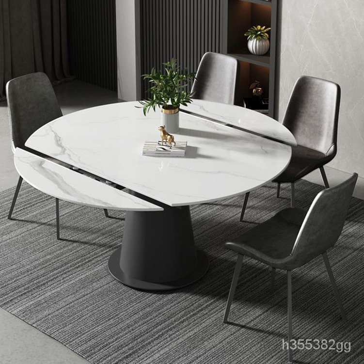 意式岩板圓餐桌家用小戶型可變方圓兩用多功能旋轉伸縮餐桌椅組合台灣發貨 76Y4