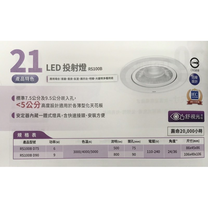 【燈飾林】保固一年 PHILIPS 飛利浦 明皓 LED 9W 崁燈 投射燈 崁孔9.5mm 9.5公分 RS100B