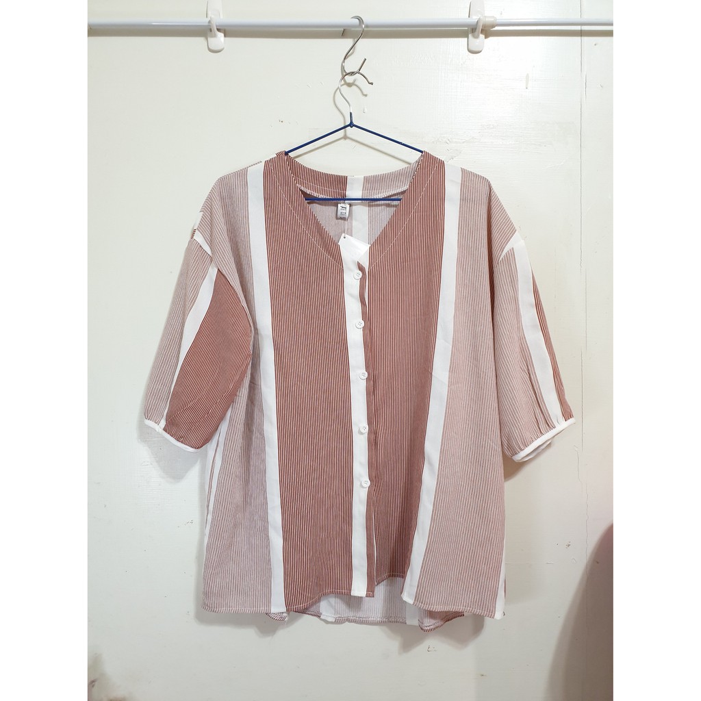 免運費女mydress 大尺碼寸顯瘦短袖襯衫雪紡紗上衣服深v領子彈性鈕扣子飄逸素直條紋白粉紅色 Xl2xxl 蝦皮購物