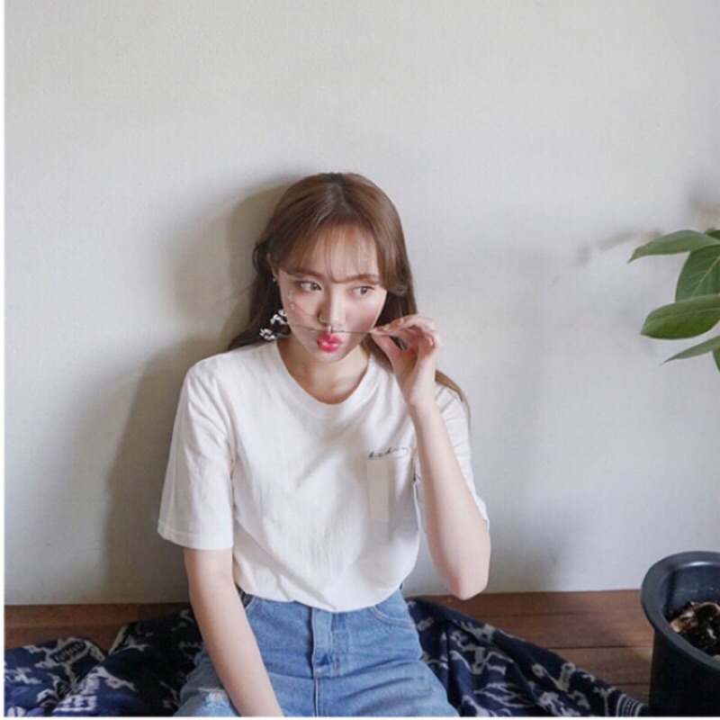 全新 韓國 少女娜拉 新品 字母點綴口袋短袖T恤 純棉 白色 上衣 口袋 T恤 韓國製造 sonyunara 代購