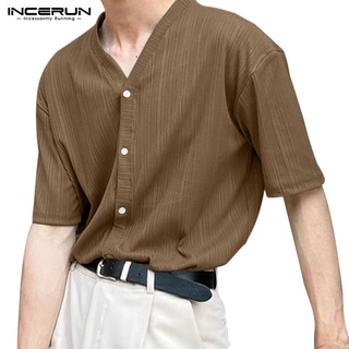 Incerun 男士 3 色韓式時尚短袖 V 領鈕扣針織襯衫