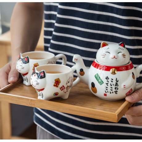 3pcs/set 日式陶瓷可愛卡通招財貓創意茶具套裝茶壺茶杯