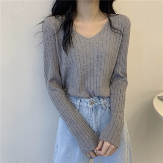 現貨.長袖上衣 長袖t恤 女裝 衣服 寬鬆上衣 顯瘦上衣 秋季韓版寬松V領長袖軟糯打底衫針織衫女顯瘦百搭上