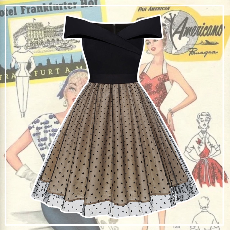 1950 年代復古奧黛麗赫本黑色網眼拼布修身連衣裙搖滾正式舞會連衣裙