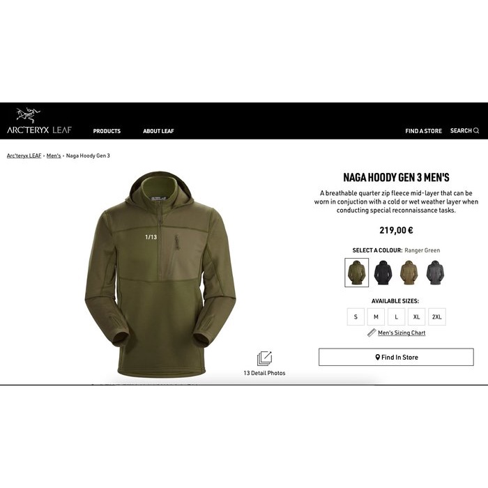 NYChic ARCTERYX 軍鳥 LEAF NAGA HOODY GEN3 始祖鳥 連帽刷毛抓絨保暖防寒中層 黑綠S