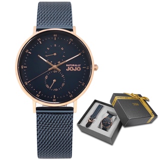 NATURALLY JOJO 贈錶帶 / 米蘭編織不鏽鋼手錶 禮盒組 藍x玫瑰金框 /JO96953-55R /38mm