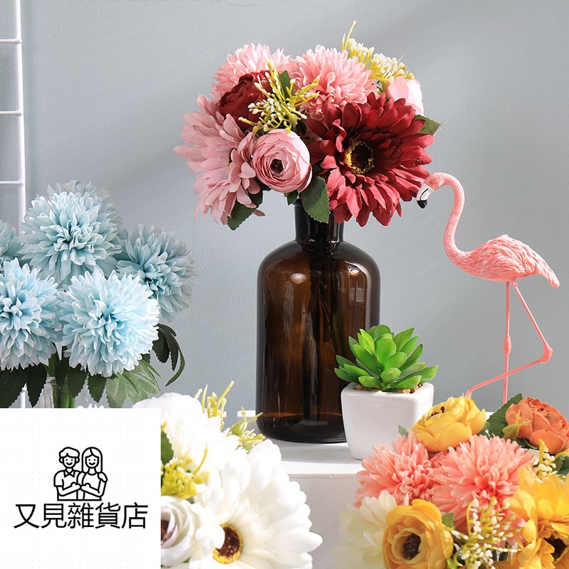 又見 仿真玫瑰花束客厅卧室办公桌装饰摆件假花绢花插花小盆栽北欧花艺 蝦皮購物
