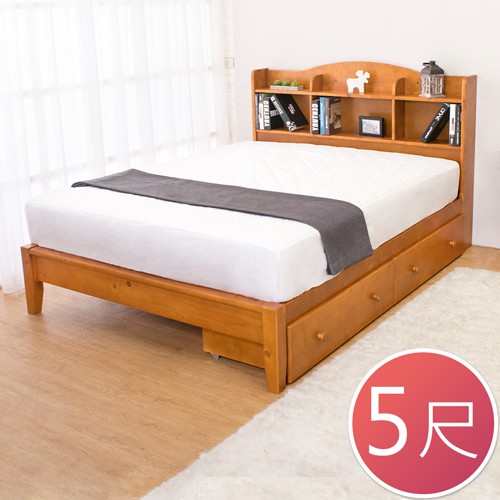 Boden-克查5尺實木書架雙人床架/床組-抽屜型