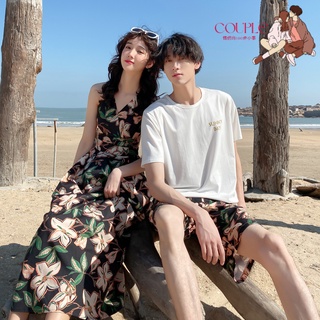 【COUPLE】🔥韓版情侶裝沙灘裝🔥2022夏季海邊度假風女顯瘦長款連衣裙男短袖T恤套裝