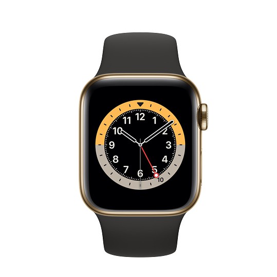 Apple Watch Series 6 (GPS + 行動網路)  44 公釐金色不鏽鋼錶殼&amp;標準運動型錶帶(黑)