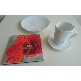 I LUV FLORA釉燒花朵陶瓷組/蘭花浮雕咖啡杯、盤組/蘭花浮雕盤