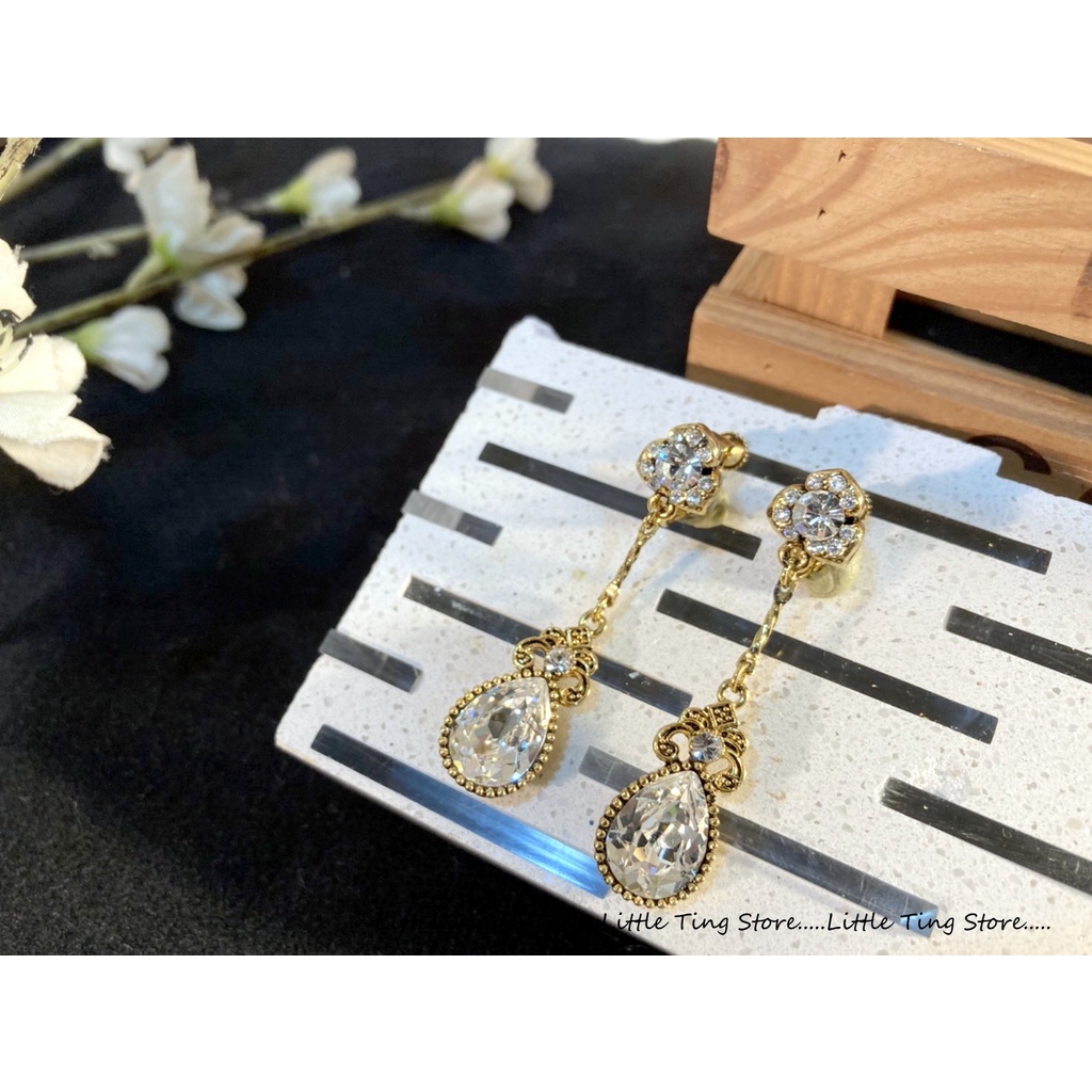 復古珍藏宮廷古銅金swarovski垂單顆大水滴鑽寶石長垂吊夾式耳環螺旋夾式耳環可預訂插耳洞耳針訂製款