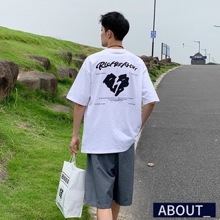 【ABOUT_歐巴】設計感印花短袖T恤 韓 短袖上衣 休閒上衣 寬鬆 潮流 圓領 半袖 街頭 夏 男