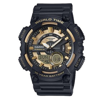 【CASIO】10年電力世界時間膠帶雙顯錶-黑X金(AEQ-110BW-9A)正版宏崑公司貨