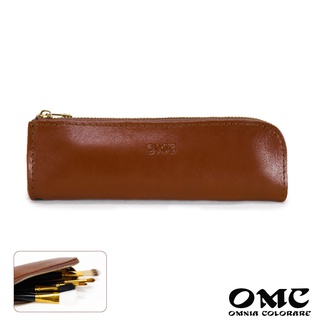 【OMC】義大利植鞣革單扁型拉鍊文具刷具收納袋(棕色)