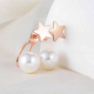 珍珠星星耳針耳環 韓國時尚飾品 18k玫瑰金珍珠星星耳環 e27