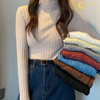【泡芙衣櫃】半高領打底衫女秋冬2024新款復古坑條百搭顯瘦保暖長袖針織上衣潮