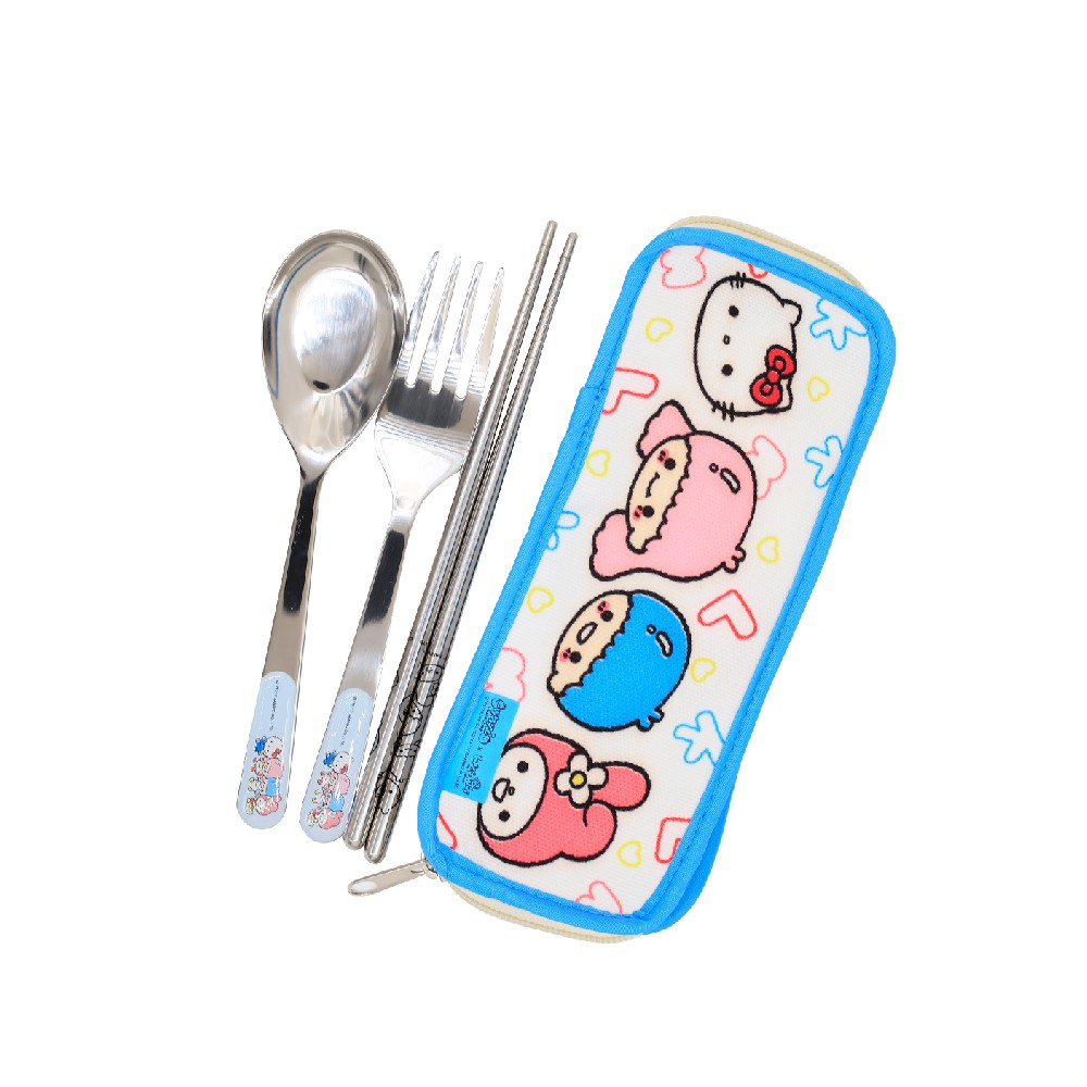 出清 日本三麗鷗Hello Kitty不銹鋼三件式餐具-不銹鋼筷+湯匙+叉子-藍