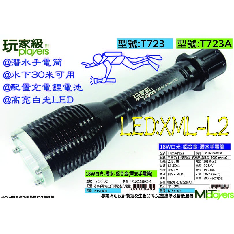 潛水手電筒-美國CREE-XML-L2-18W(瓦)LED手電筒+充電器+充電鋰電池-T723A-玩家級