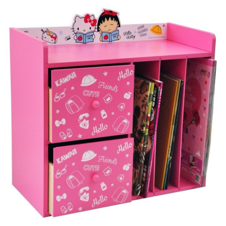 限時優惠《熊兔的店 》正版授權 木製 Hello Kitty &amp; 小丸子 兩抽收納櫃  書架 木製櫃 KT-630039