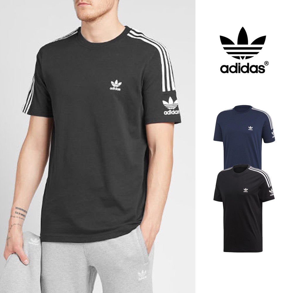 Adidas Originals 黑/藍 短袖T恤 寬鬆 純棉 運動 休閒 上衣 短T 三葉草 三條線 Logo