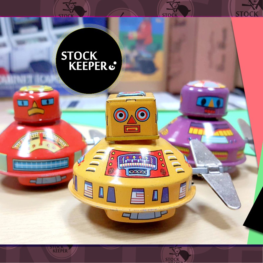 ◀倉庫掌門人▶套組 三款表情 趣味宇宙機器人 童趣插畫圖案 太空飛船 鐵皮發條玩具 retro 復古收藏