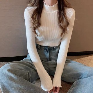預購*秋冬基礎款多色半高領木耳邊少女長袖針織上衣 打底衫 學院風 可愛 軟妹 小清新 內搭 毛衣 上衣